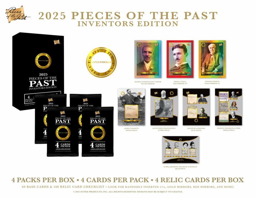 2025 Pieces of the Past – Édition Inventeurs : 4 packs, 4 cartes/pack, 4 hits reliques
