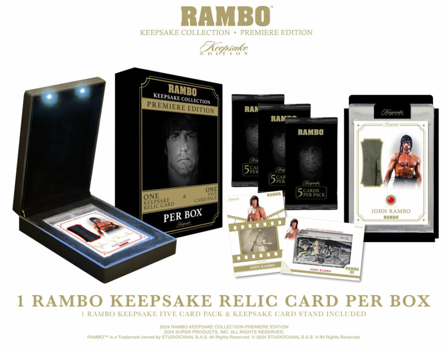 Boîte cartes Rambo I–III – 1 carte Relic encapsulée + 1 pack de 5 cartes