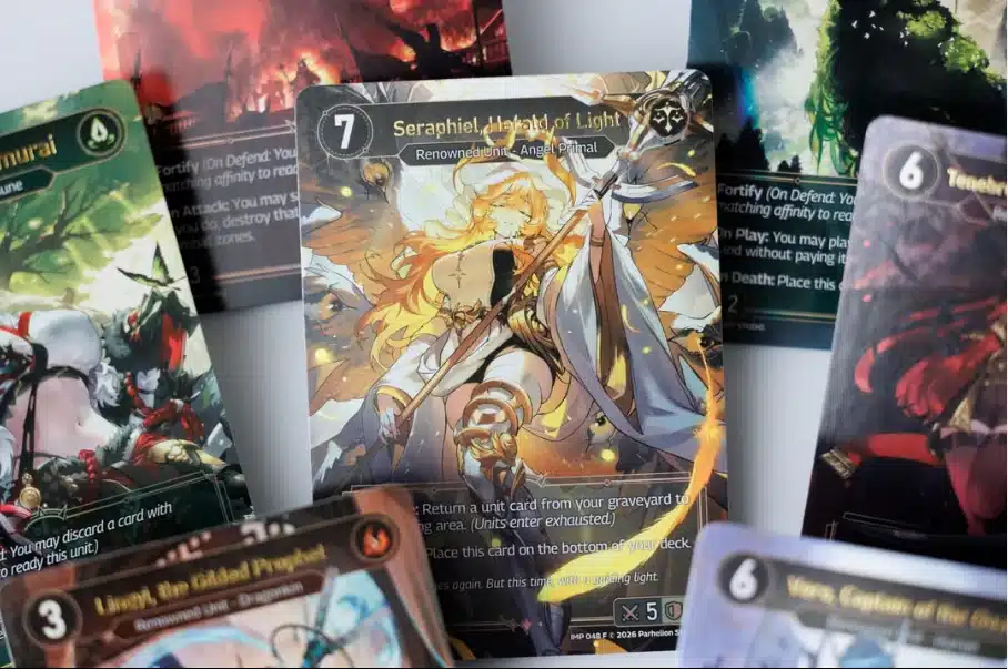 Echoes of Astra Imperion : cartes Seraphiel, Herald of Light et Lingyi, the Gilded Prophet, deux Renowned Units