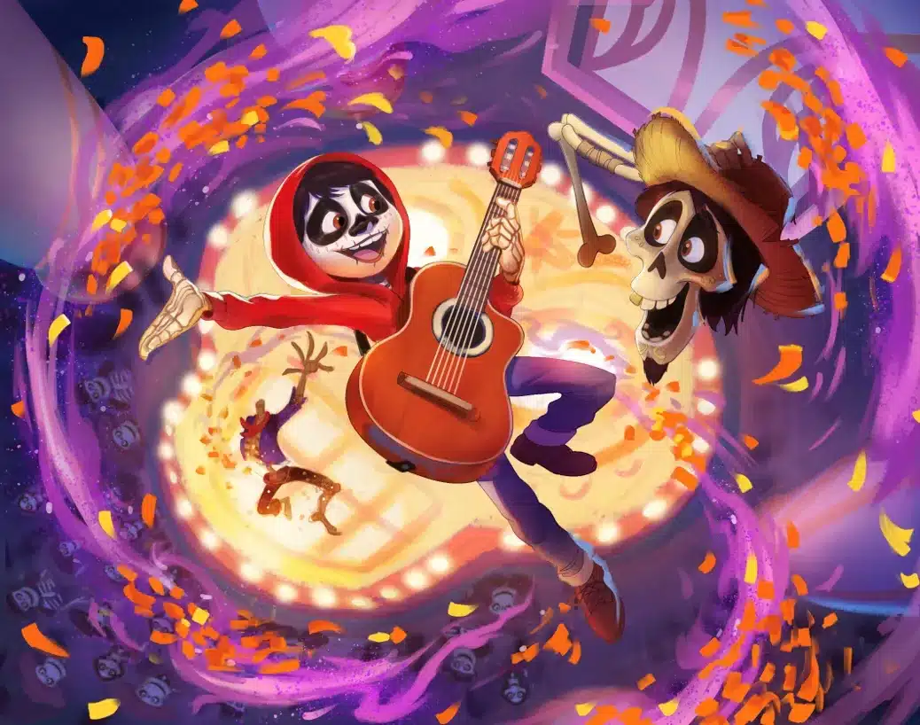 Lorcana Hyperia City : Miguel et Héctor, visuel officiel du Chapitre 14 de Disney Lorcana